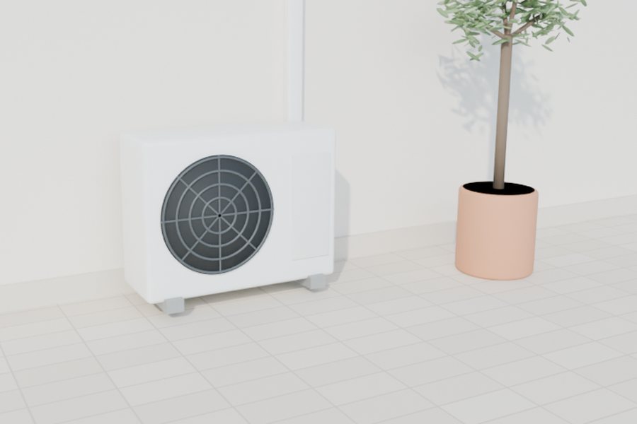 Unité extérieure de climatisation posée sur une terrasse, sans cache