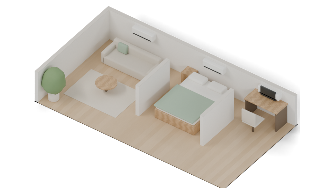 Vue 3D d'un appartement avec salon, chambre et bureau équipés chacun d'un climatiseur mural